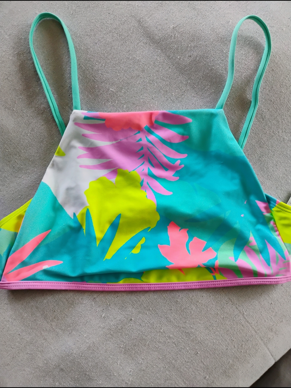 NEW...No Boundaries Aqua Tropical Print Bikini Top with Pink and Lime Accents